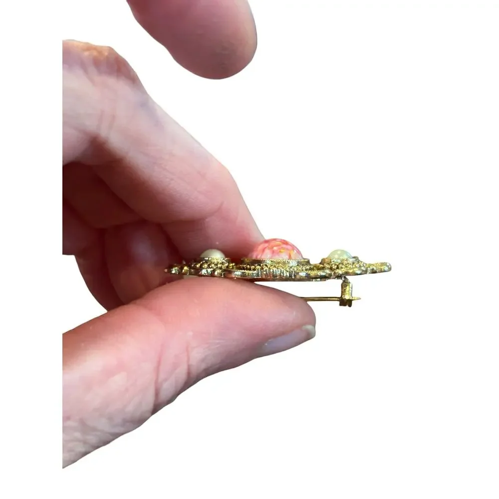 Vintage 1928 Pink Opal Glass Brooch Pearl Cabochon Victorian Revival Pin
